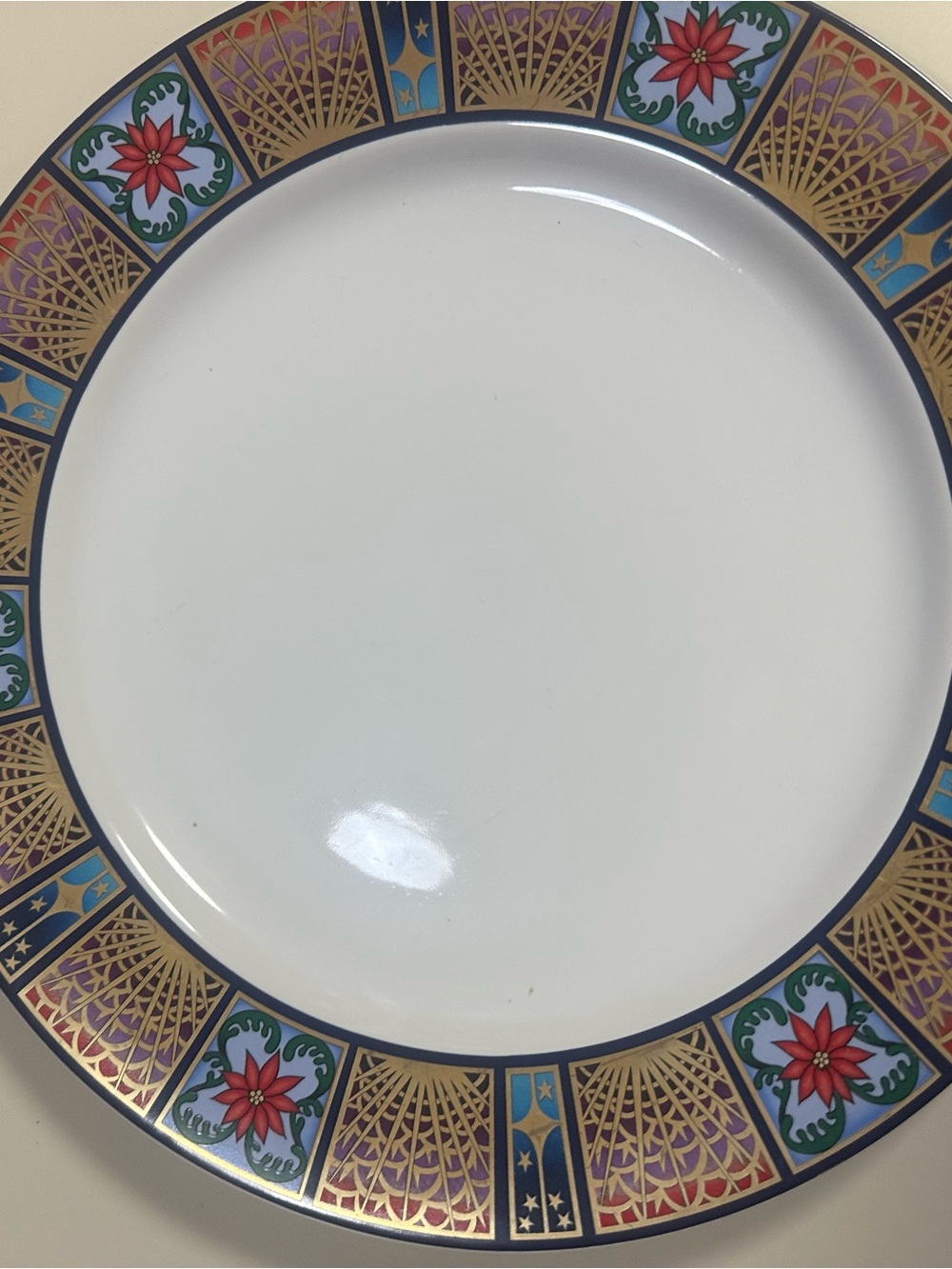 White Dinner Plate with Gold and Red Floral Accent